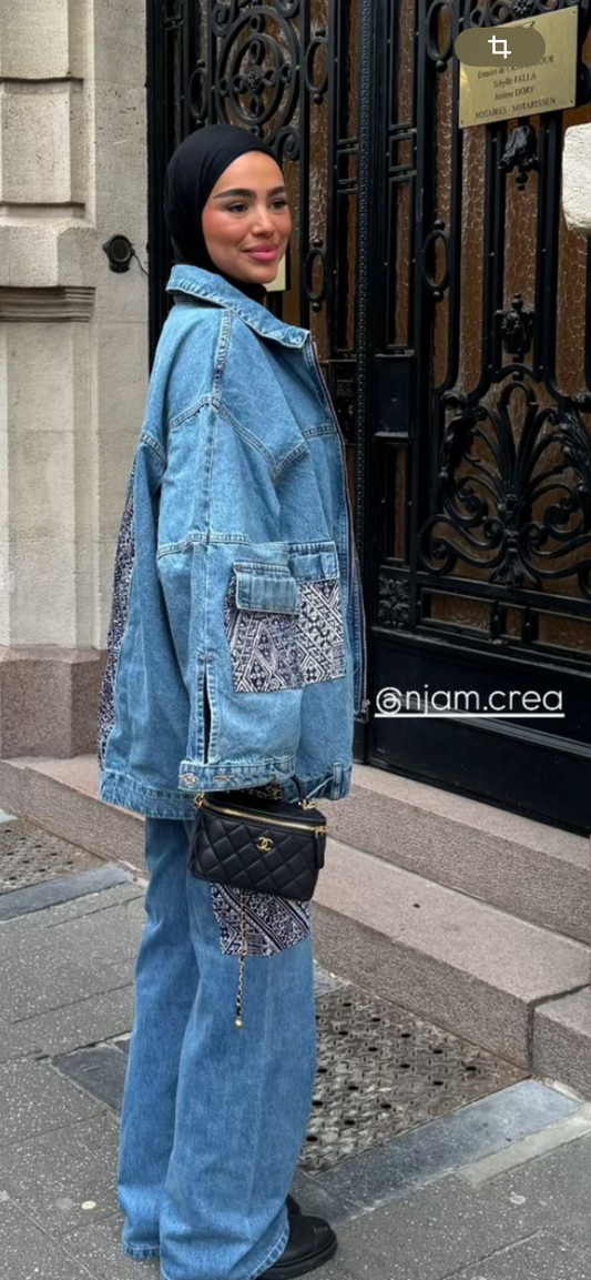 Ensemble veste  jean  empiècement tissus marocain