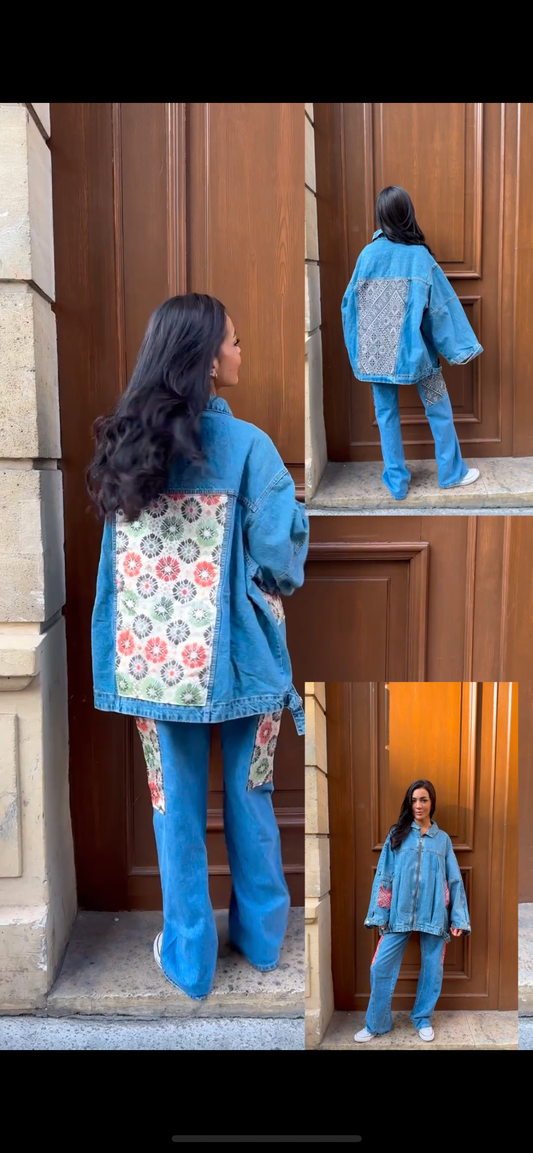 Ensemble veste  jean  empiècement tissus marocain