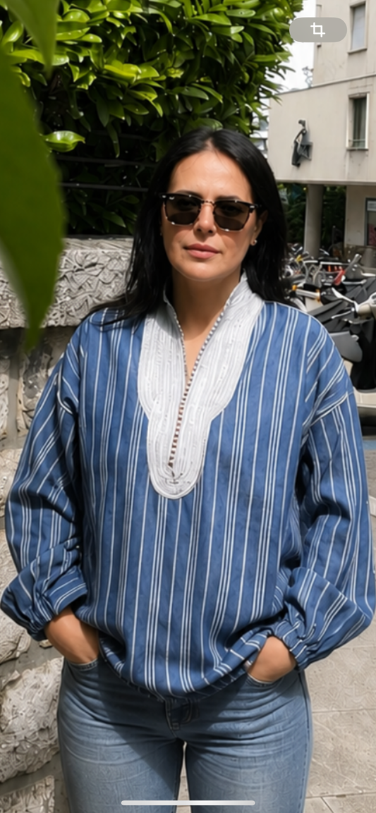 Top beldi oversize en jean avec sfifa et et petits boutons faits mains